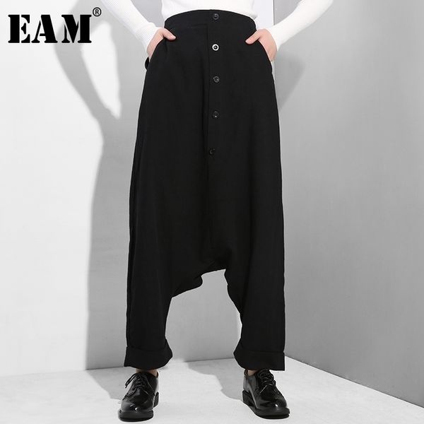 

[eam] new spring autumn high elastic waist black button split joint thin loose cross-pants women trousers fashion tide yg25 201031, Black;white