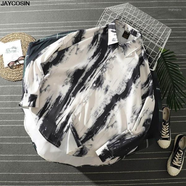 

klv shirts 2020 new mens spring summer casual long sleeve autumn and winter tie-dye printed loose shirt blouse 12191, White;black