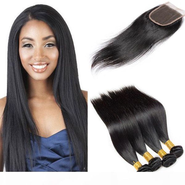 

indian human hair weave bundles with closure natural color 100% unprocessed remy 4 bundles straight hair bundles with closure, Black