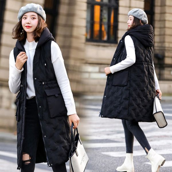 

autumn winter vest women 2020 cotton-padded warm thicken long woman vest female hooded parka jacket waistcoat plus size lj201204, Black;white