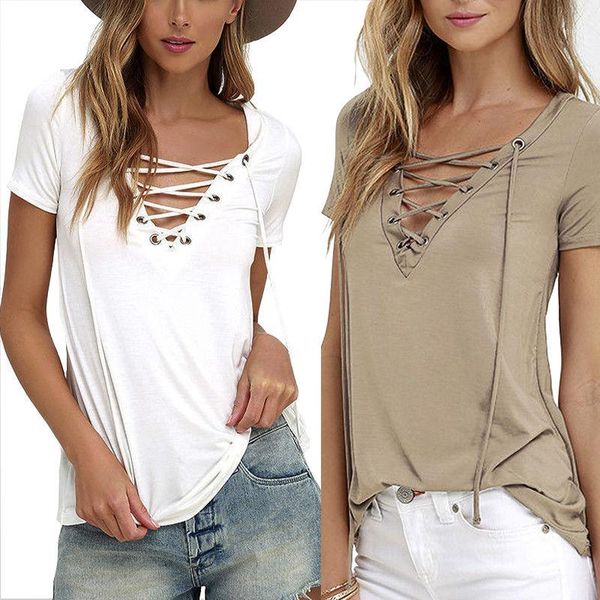 

5xl 2020 summer fashion women t-shirts short sleeve deep v neck bandage shirts women lace up tees t shirt plus size1, White
