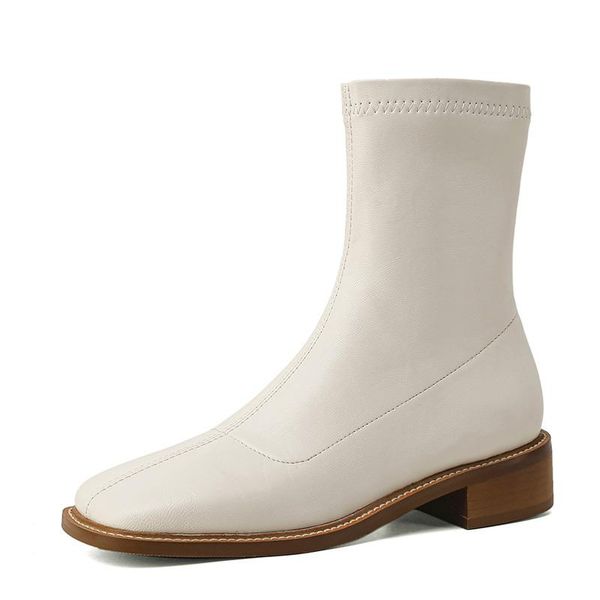 

boots stretch pu leather ankle women autumn winter low heels shoes g266 fashion woman square toe zipper black beige sewing