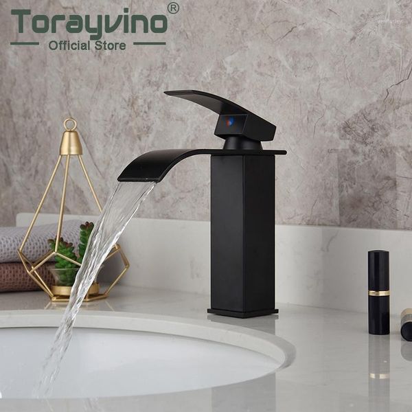 

bathroom sink faucets torayvino black painting basin faucet solid brass waterfall deck mounted cold and mixer water tap1