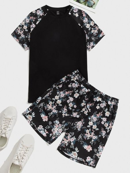 

men floral print raglan sleeve tee & shorts set d5fv#, Gray