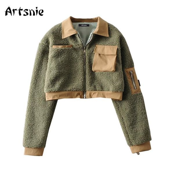 

artsnie winter teddy coats women turn down collar long sleeve pockets jackets femme streetwear casual coats chaqueta mujer, Black;brown