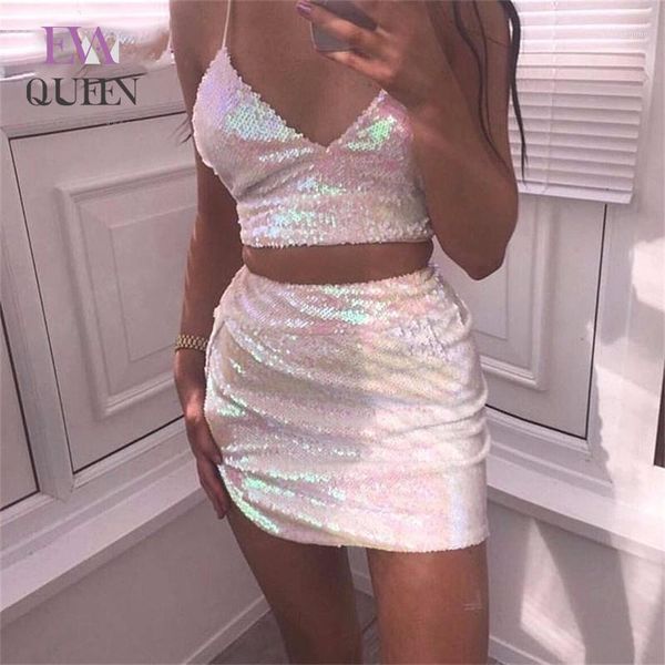 

evaqueen sequin party 2 piece set women bandage outfits spaghetti strap crop and split mini skirt two piece set 20201, Gray