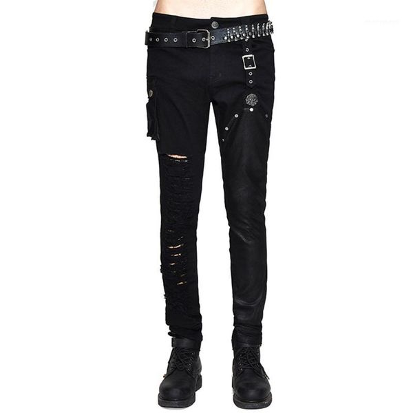 

2019 men's holes slim fit pants with pocket punk rock buckle pencil pants zippers black casual trousers s-xxxl1