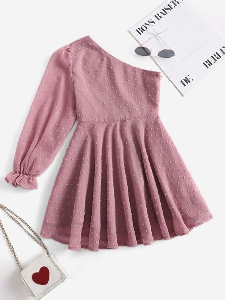 

girls swiss dot one shoulder flounce sleeve dress she, Red;yellow