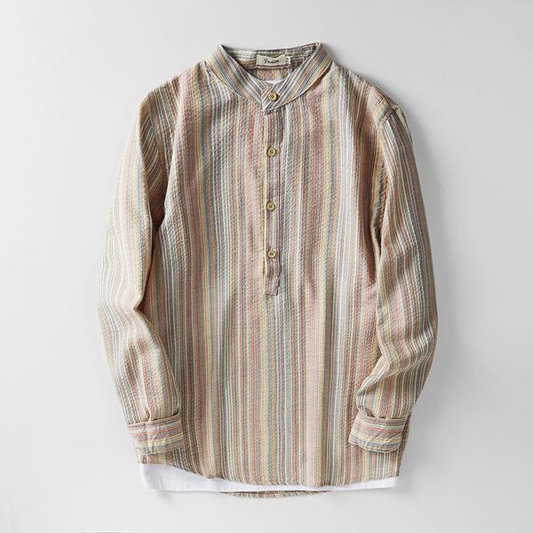 

2021 new male cotton striped shirt breathable collar long sleeve linen shirts henley adjustment autumn 4xl blue tuxw, White;black