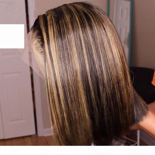 

ombre highlight wig bob brown honey blonde colored straight hd whole lace front human hair wigs straight full 360 lace frontal wig remy, Black;brown