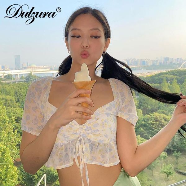 

women's blouses & shirts dulzura floral print chiffon women crop short sleeve lace up ruched ruffle elegant sweet streetwear party kore, White