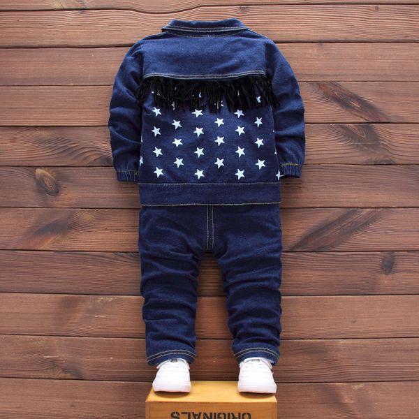 

children boys girls denim clothing sets baby star jacket t-shirt pants 3pcs/sets autumn toddler tracksuits, White