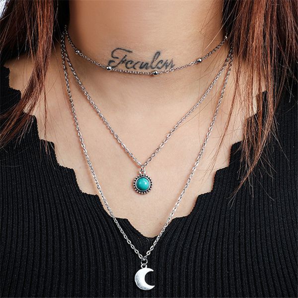 

bohemia turquoise women chokers necklace moon pendant charm necklace beach silver necklace fashion jewelry girlfriend gift