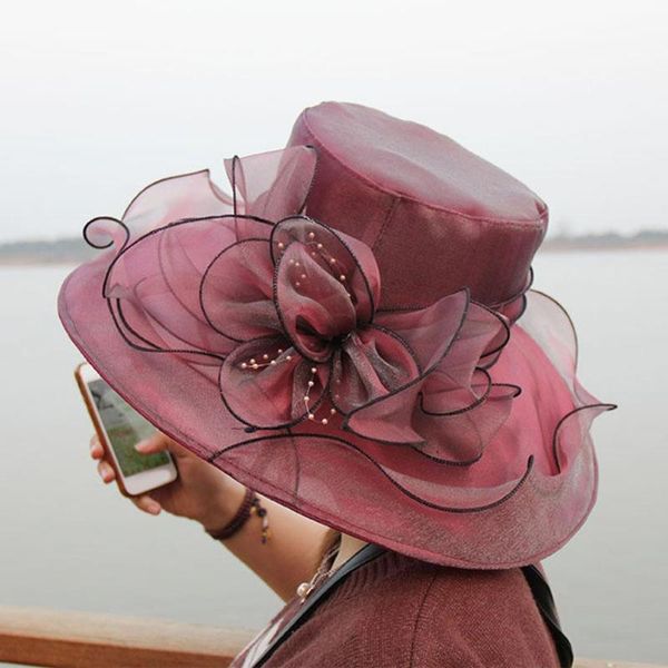 

wide brim hats elegant lady flower sun hat women wedding party travel cap summer clothing accessory, Blue;gray