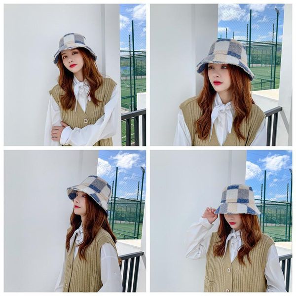 

woman bucket hats berber fleece winter autumn japanese plaid outdoor thick warm caps, Blue;gray