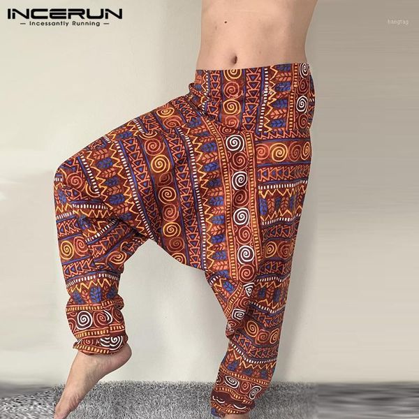 

mens loose high waist trousers incerun leisure printed drop crotch pants hombre fashion baggy wide leg pantalones streetwear 5xl1, Black