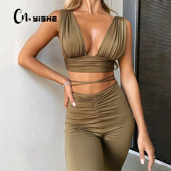 

cnyishe dancing two piece sets v-neck tanks and drawstring wide leg pants women tracksuit 2021 bandage backless party suits, Gray