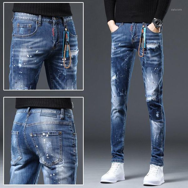 

european and american fall/winter new style ripped elastic patch jeans men's graffiti personality trend slim men pants1, Blue