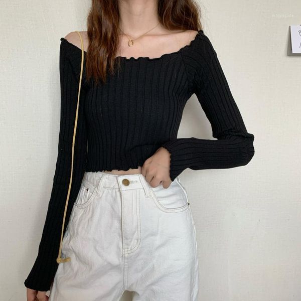 

womens casual basic long sleeve solid off shoulder tee ribbed knit club crop slim stretchy soft fit shirt1, White;black