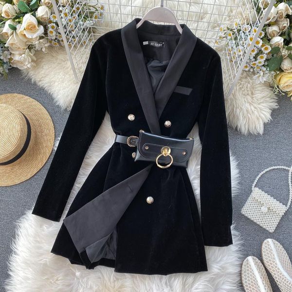 

female autumn and winter new british style ladies velour suit collar mid-length retro velvet jackets blazers black, White;black