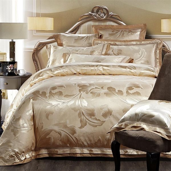 4/6 pcs Gold Jacquard Satin Bedding Set Rei Queen Tribute de Luxo Quilt de seda / Tampa de edredão Cama de roupa de roupa de cama