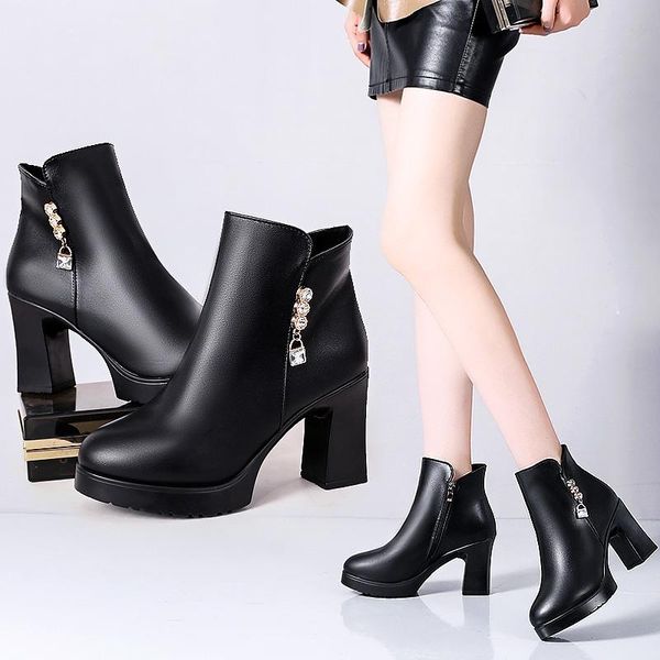 

winter boots lady round toe shoes booties woman 2020 low heel boots-women zipper rubber mid calf high heel mid-calf, Black