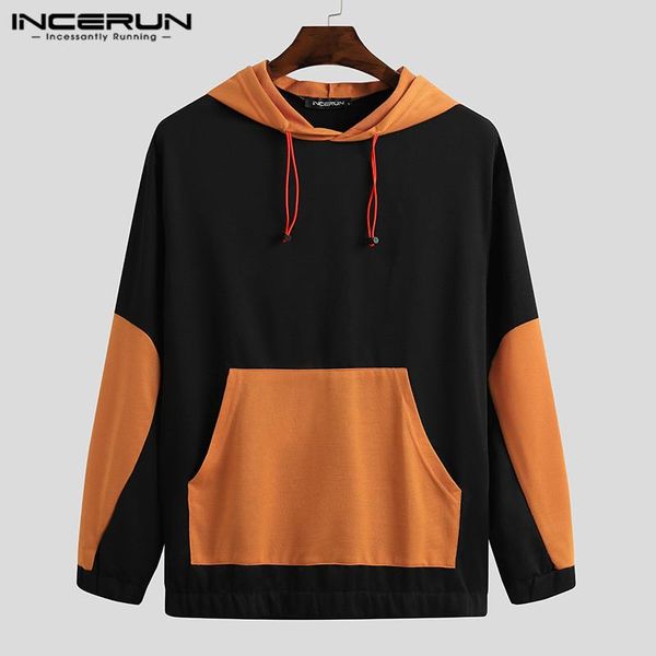 

incerun men sweatshirts patchwork hooded pockets streetwear fashion casual couple hoodies long sleeve workout pullovers s-3xl, Black