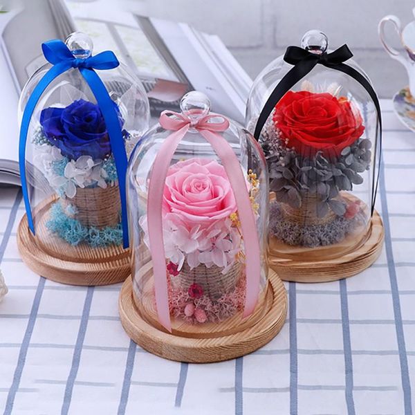 

decorative flowers & wreaths everlasting red rose with glass cover on a wooden base for valentine's gifts led lamps home christmas wedd