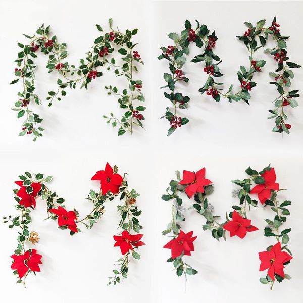 

new year christmas flower vine hanging colorful artificial rattan green plants leaves red berry flowers artificial plants1