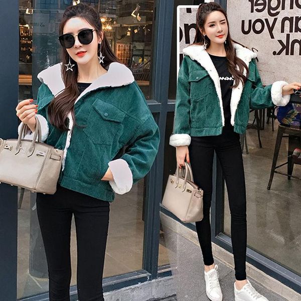 

women corduroy jackets autumn winter warm lamb fur coats casual fashion female bomber jacket student short outerwear, Black;brown