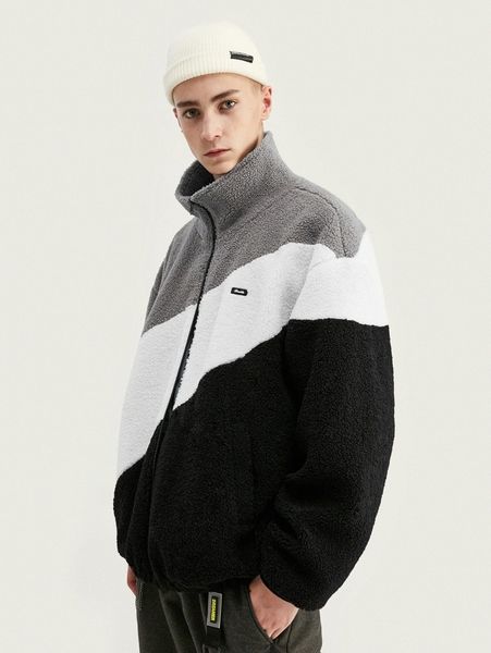 

men colorblock patch detail zip up teddy jacket f1kh#, Black;brown