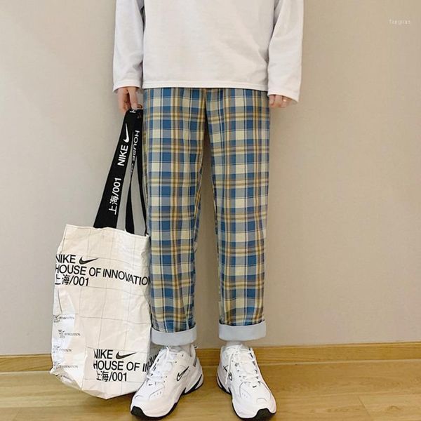 

korean plaid pants men's fashion retro casual pants men streetwear loose hip-hop straight wide-leg mens trousers s-2xl1, Black