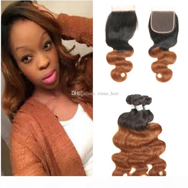 

dark brown body wave closure brazilian virgin human hair weaves with lace closure two tone 1b 30 ombre hair with lace closure, Black;brown