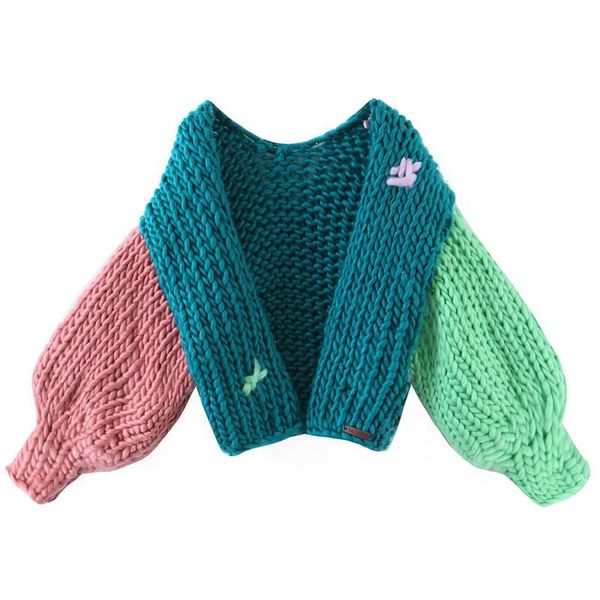 

blsqr new women fashion warm sweater handmake knitted cardigan lantern sleeves 2021 lazy style short outwear female, White