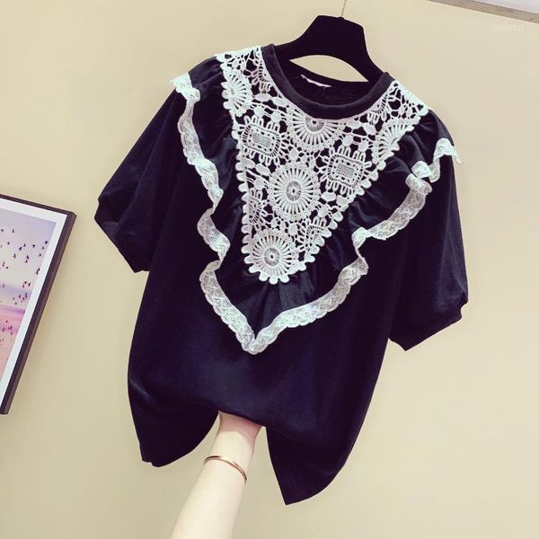 

women's t-shirt lace ruffles patchwork cotton t shirt women o-neck short sleeve 2021 summer simple loose tshirt korean tee1, White