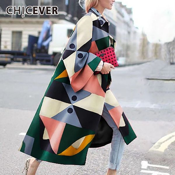 

chicever print coat for women lapel collar long sleeve pockets hit color designer plus size coats female fashion new style 201031, Tan;black