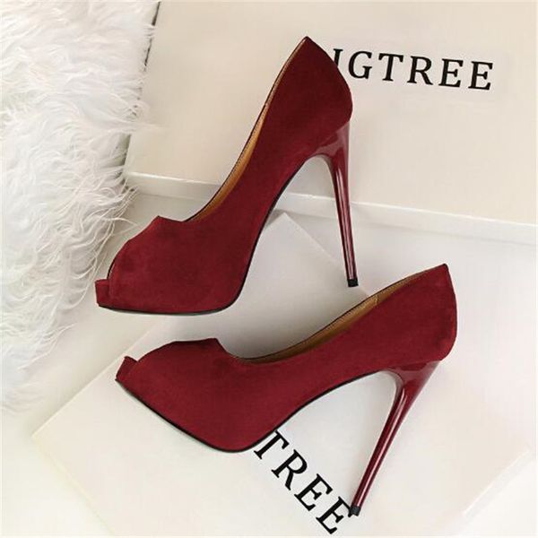 

2019 new autumn fashion platform women pumps concise solid flock high heels 12cm shoes women's peep toe shallow party shoes t200525, Black