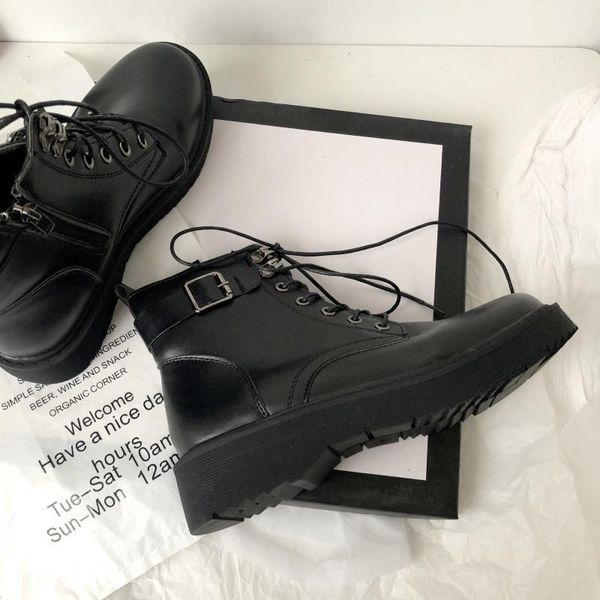 

rock shoes woman lady boots flat heel luxury designer round toe lace up boots-women fashion autumn ankle lolita rubber med 20211, Black