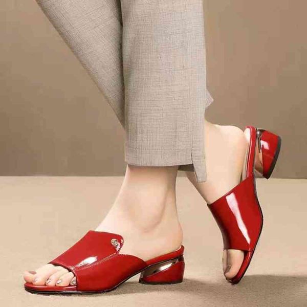 Terlik Kırmızı Seksi PU Yumuşak Deri Kadın Flipflop Yaz Moda Topuklu Kızlar Için Slaytlar Ayakkabı Rahat Sandalet Kadın 220304