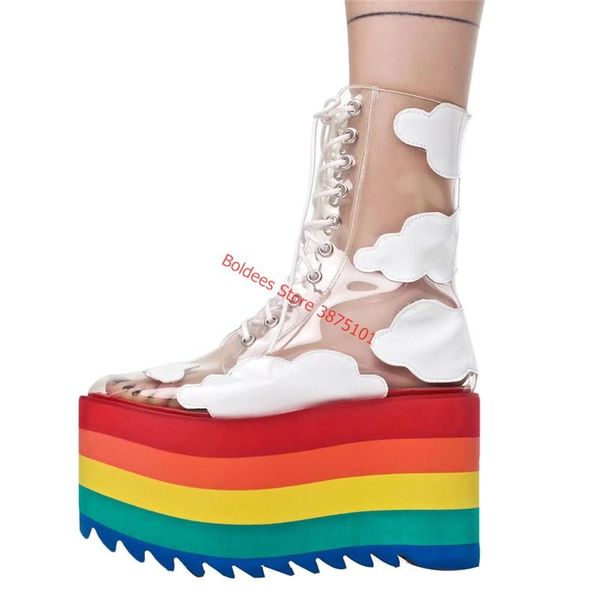 

summer rainbow bottom ankle boots women transparent pvc high platform lace up boots individuality party shoes cloud gay pride, Black