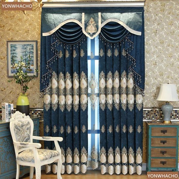 

custom curtains european living room luxury embroidered chenille blue thick cloth blackout curtain tulle valance drape b820