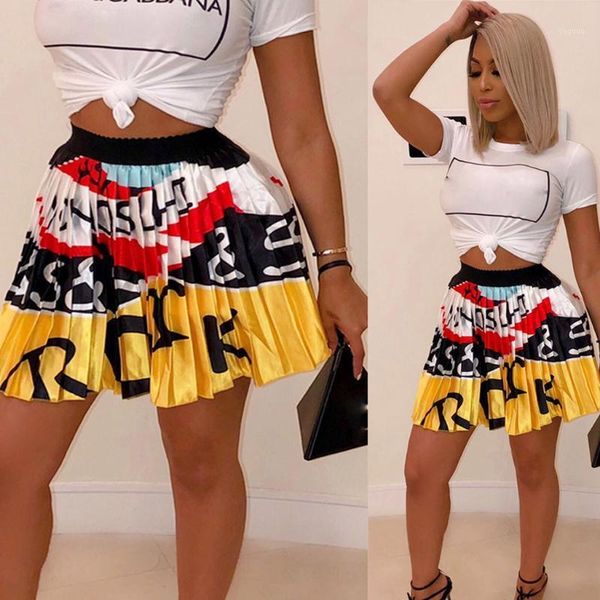 

graffiti pleated skirts printed elastic waist a-line swing midi skirt tight ruffled skirts womens 20211, Black