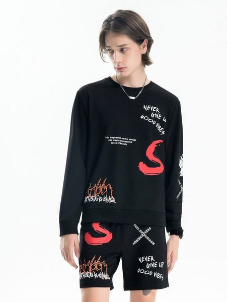 

men slogan and fire print pullover & shorts n7ru#, Gray