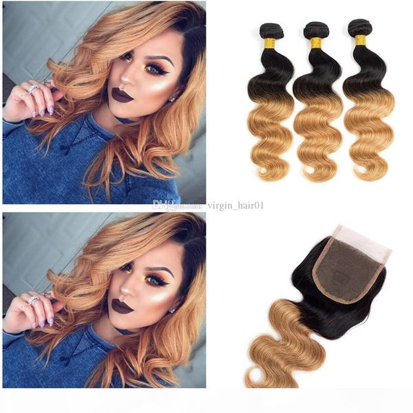 

dark roots human hair bundles with lace closure brown blonde virgin malaysain hair with middle three part lace closure with baby hair, Black;brown
