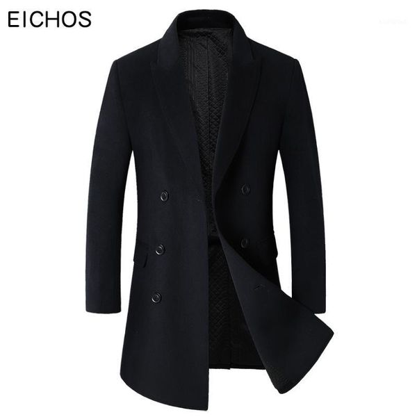 

eichos 2020 new winter thick wool coat men fashion double breasted long jacket men slim business casaco masculino solid color1, Black