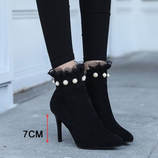 

2021 new women pointed toe pearl ankle boots lace pump thin high heels autumn ladies flock elegant fashion shoes 1 n6bv, Black