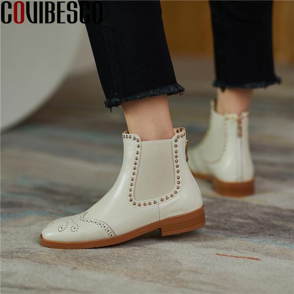 

boots covibesco genuine leather women ankle autumn retro shoes woman 2021 fretwork rivets low heels basic back zipper, Black