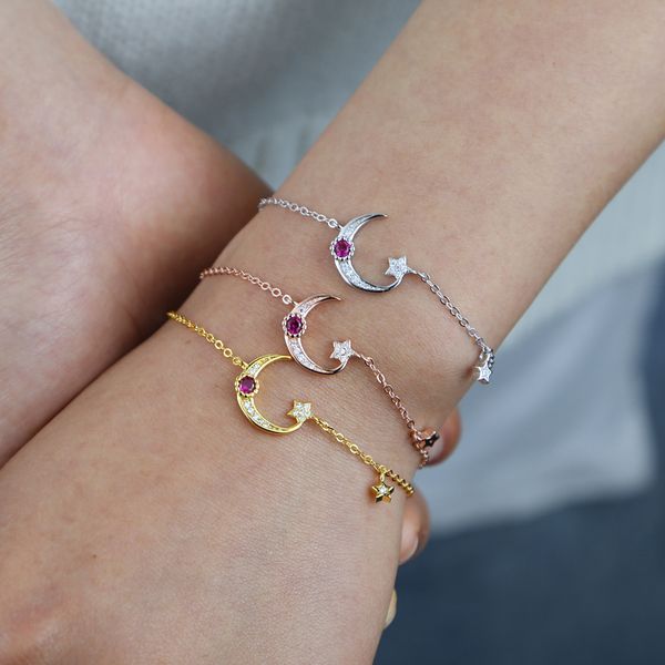 

new styles 925 sterling silver moon star charms bracelet with colorful red cz paved 15+4cm minimal delicate silver fine jewelry, Golden;silver