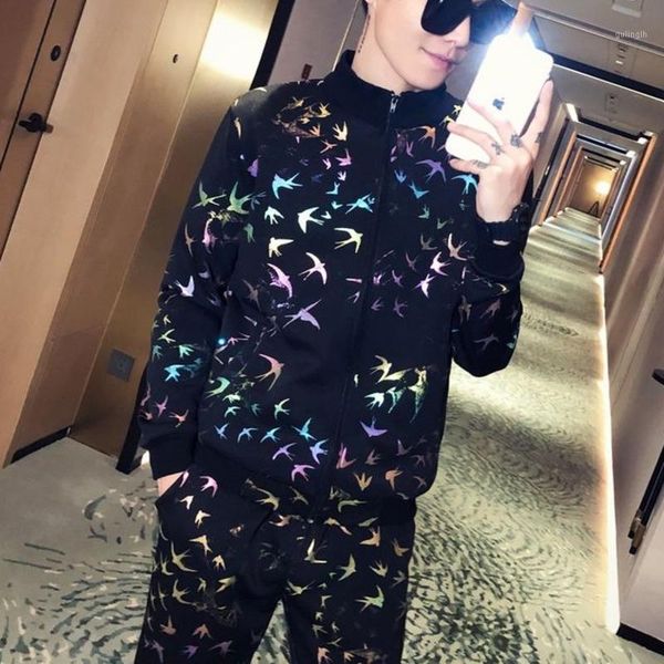 

running sets fashion printed 2 piece jacket + pant ropa hombre sport mens leisure 2021 autumn rainbow stamping flower set men1, Black;blue