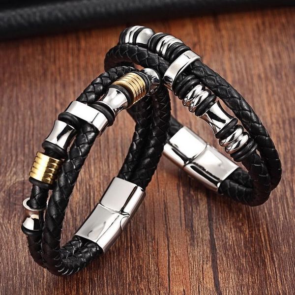 

xqni genuine leather bracelet double layer 19 21 23cm gold silver color special jewelry for men father's day gift h jlldrz, Golden;silver